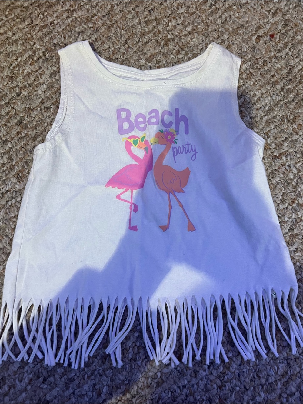 Girls White 'Beach Party' Flamingo Fringe Tank Top by